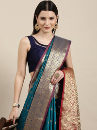 Thumbnail for Mitera Teal Blue & Golden Ethnic Motifs Banarasi Saree with Zari Border - Distacart