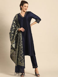 Thumbnail for All About You Women Navy Blue Zari Detailed Regular Kurta with Trousers & Dupatta - Distacart