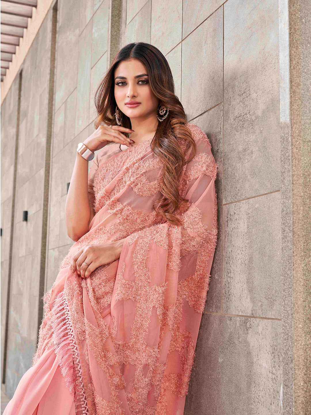 53% OFF on Tikhi Imli Brown Mirror Work Embellished Poly Crepe Saree on  Myntra | PaisaWapas.com