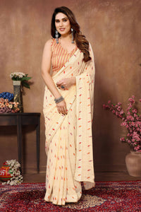 Thumbnail for Partywear Designer Cream Georgette Fancy Saree - Satrangi - Distacart