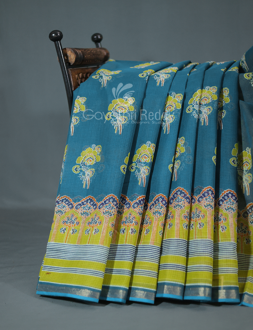 Shades of Peacock Blue With Block Design Pure Kota Cotton Saree By Gayathri Reddy Designer Studio - Distacart