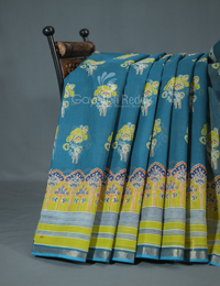 Thumbnail for Shades of Peacock Blue With Block Design Pure Kota Cotton Saree By Gayathri Reddy Designer Studio - Distacart