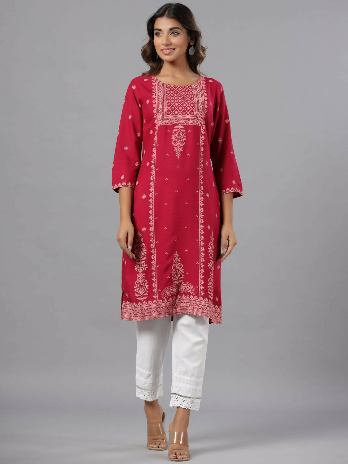 Juniper Women Fuchsia Rayon Printed Knee Length Straight Kurta - Distacart