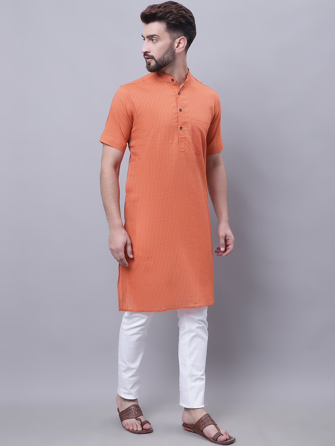 Even Apparels Rust Pure Cotton Short Sleeves Kurta With Band Collar - Distacart