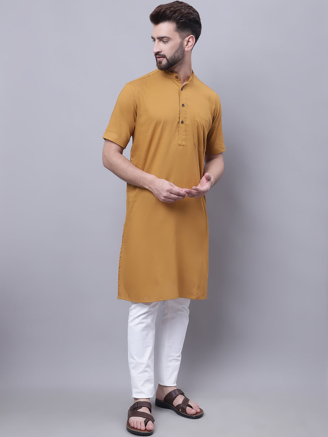 Even Apparels Mustard Pure Cotton Short Sleeves Kurta With Band Collar - Distacart