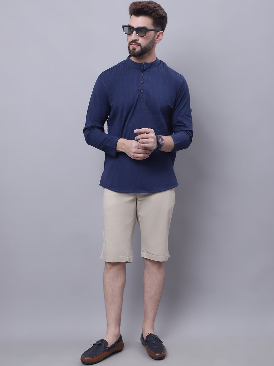 Even Apparels Blue Pure Cotton Short Kurta With Band Collar - Distacart