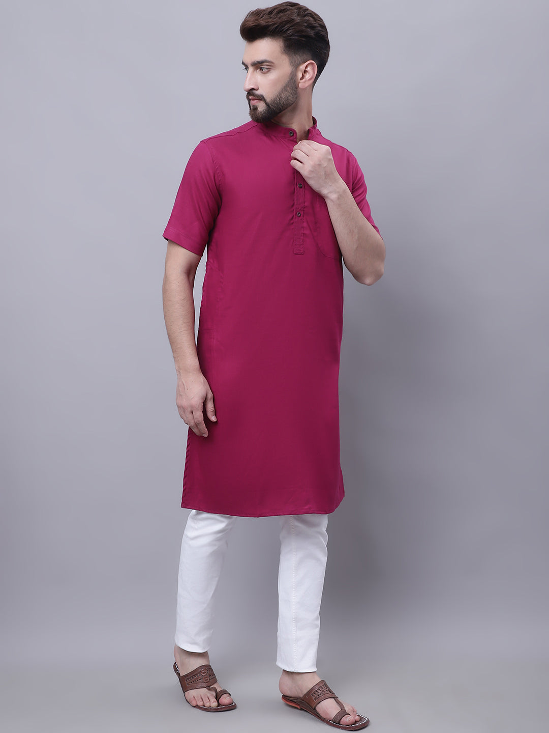 Even Apparels Maroon Pure Cotton Short Sleeves Kurta With Band Collar - Distacart