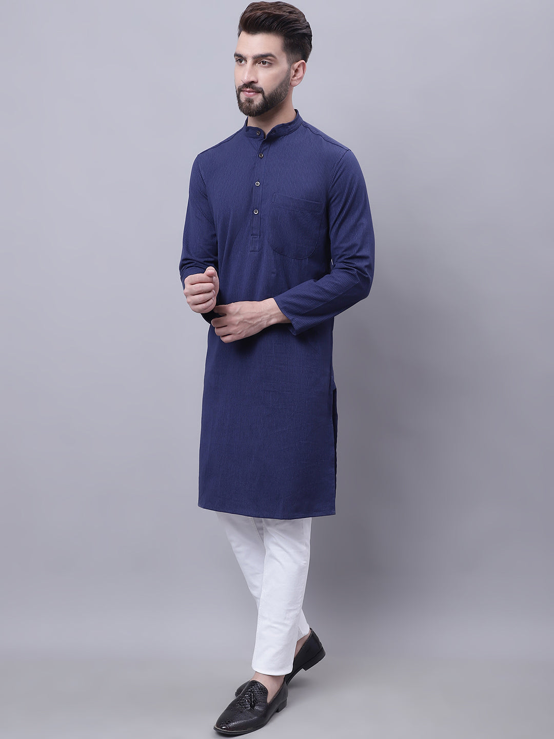 Even Apparels Blue Pure Cotton Kurta With Band Collar - Distacart