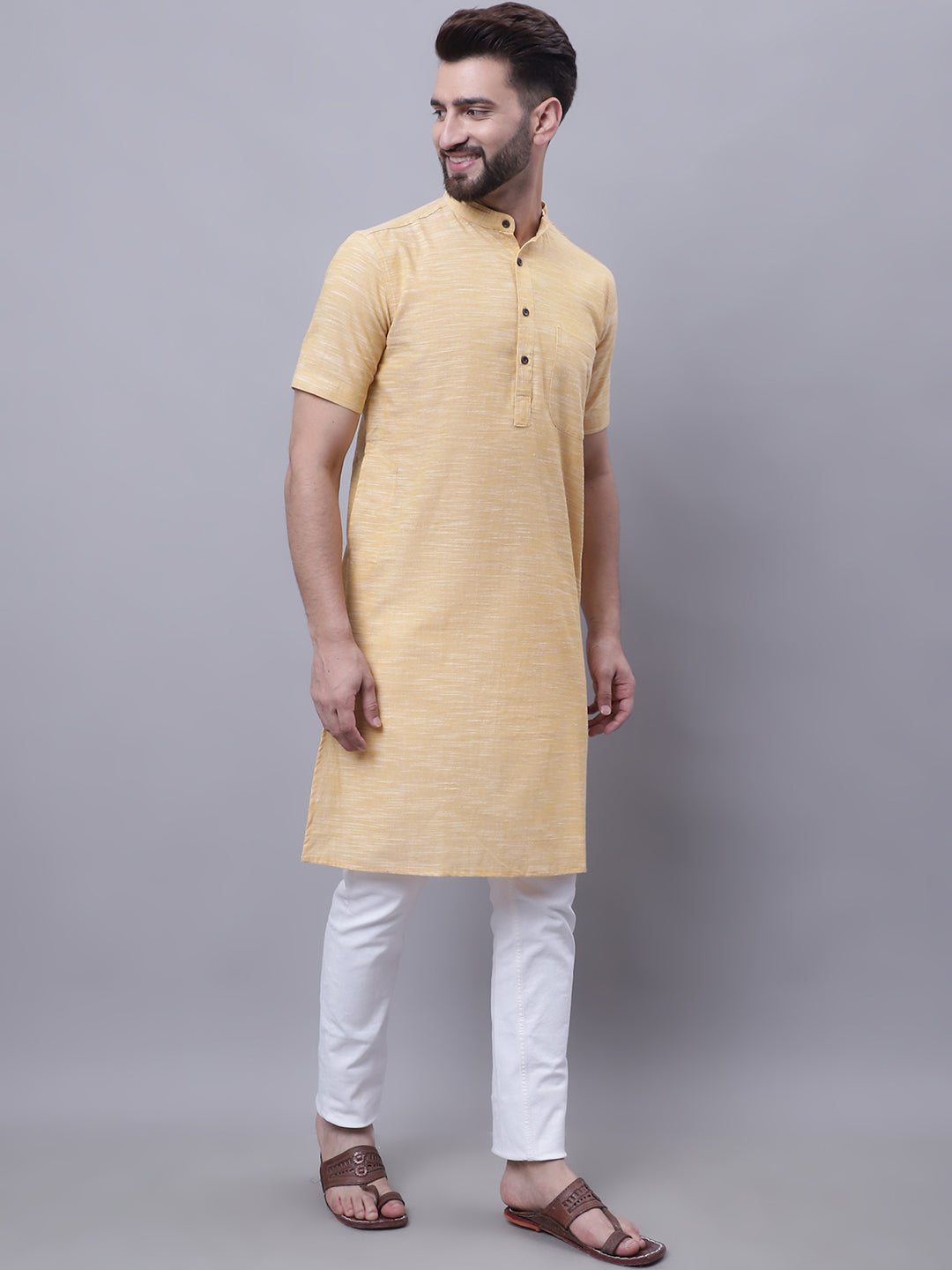 Even Apparels Yellow Pure Cotton Short Sleeves Kurta With Band Collar - Distacart