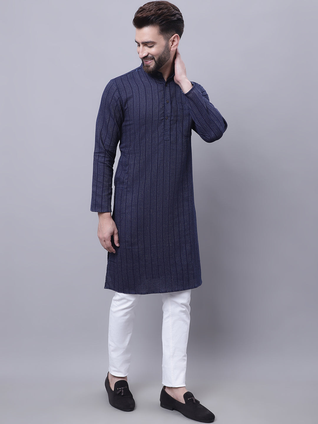 Even Apparels Blue Pure Cotton Kurta With Band Collar - Distacart