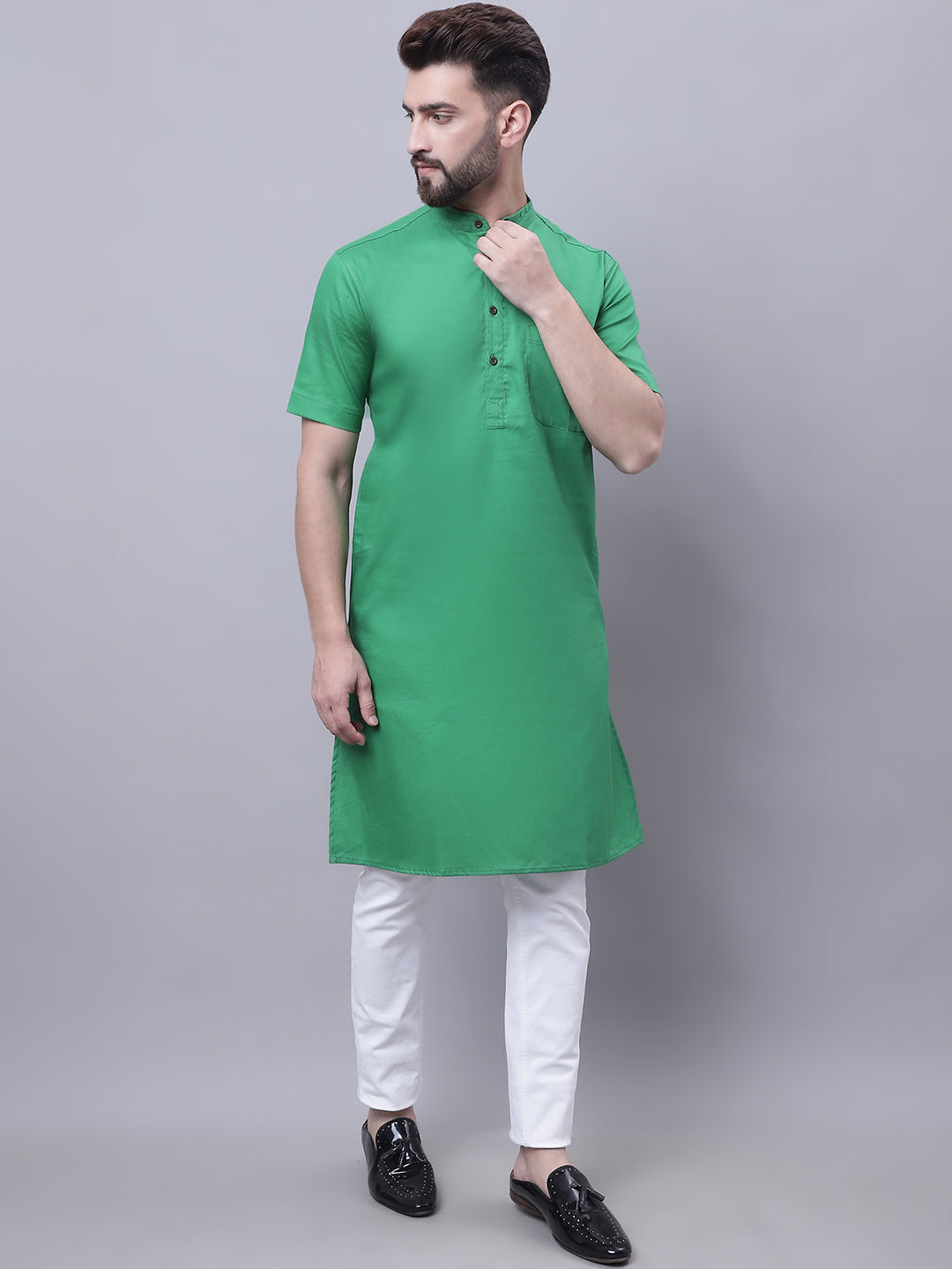 Even Apparels Green Pure Cotton Short Sleeves Kurta With Band Collar - Distacart