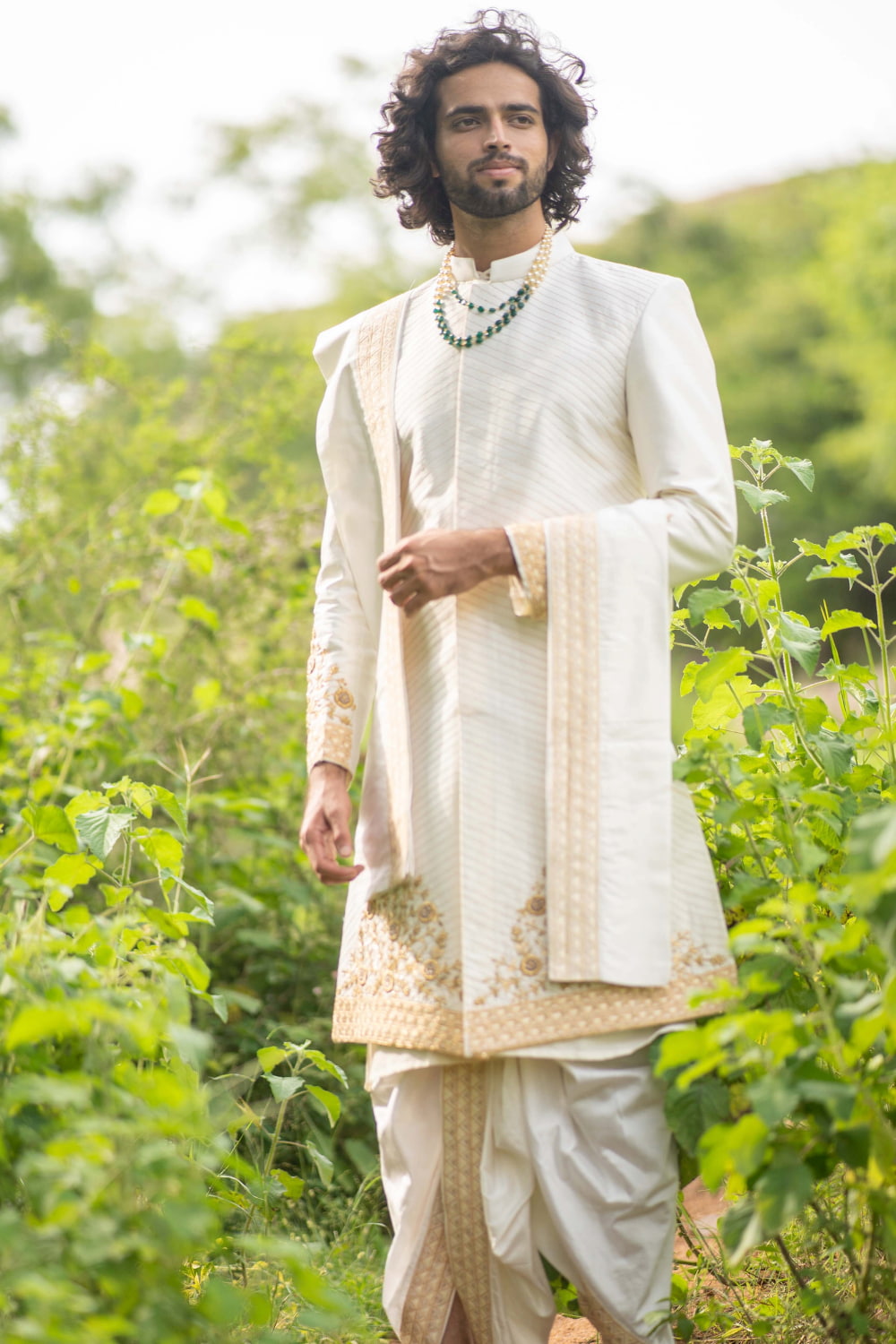 Cream Gold Designer Men's Sherwani by Hilo Designs - Distacart