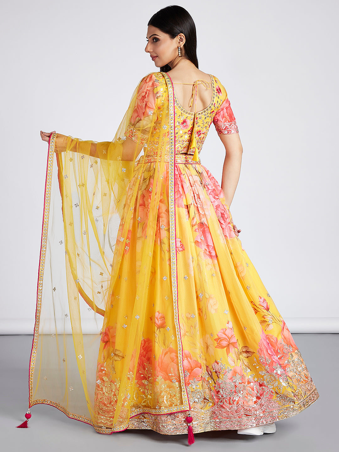 House of Panchhi Yellow Colour Organza Floral Design Digital Print Lehenga Choli & Dupatta - Distacart