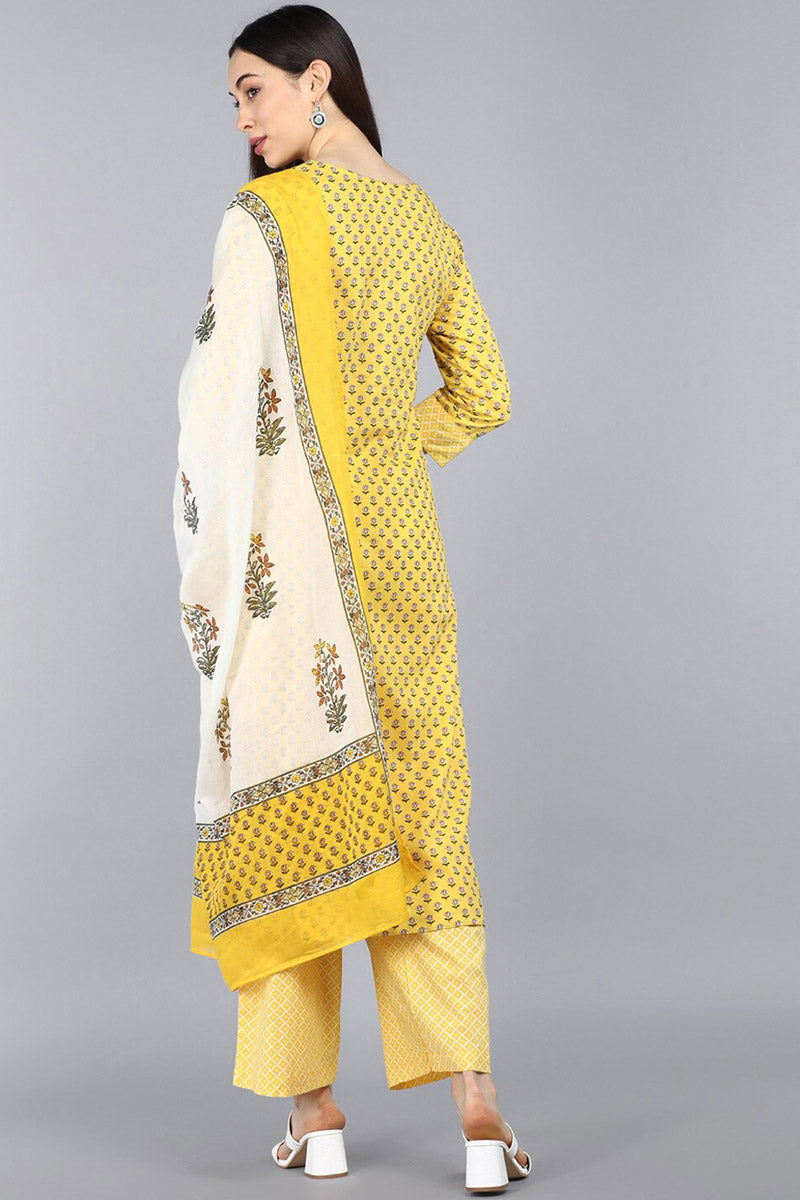 Women's Yellow Pure Cotton Straight Kurta Pant With Dupatta - Rasiya - Distacart