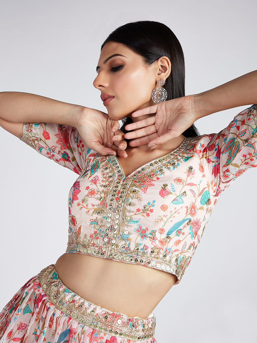 House of Panchhi Cream Colour Organza Floral Design Digital Print Lehenga Choli & Dupatta - Distacart