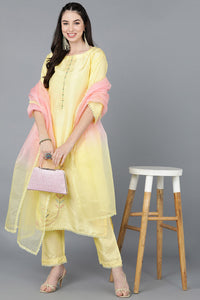 Thumbnail for Women's Yellow Poly Silk Straight Kurta Pant With Dupatta - Rasiya - Distacart