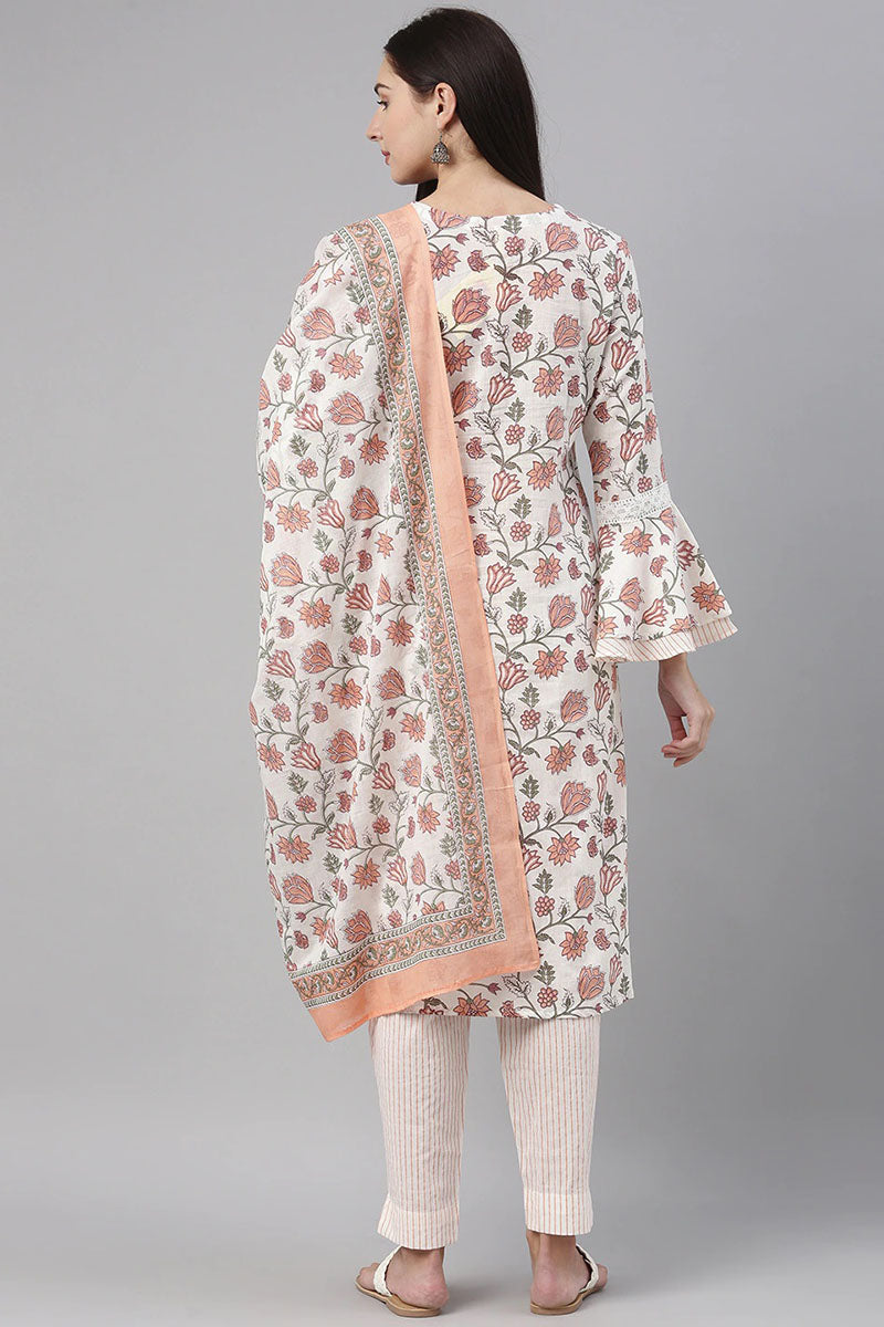 Women's White Cotton Floral Printed Straight Suit Set - Rasiya - Distacart