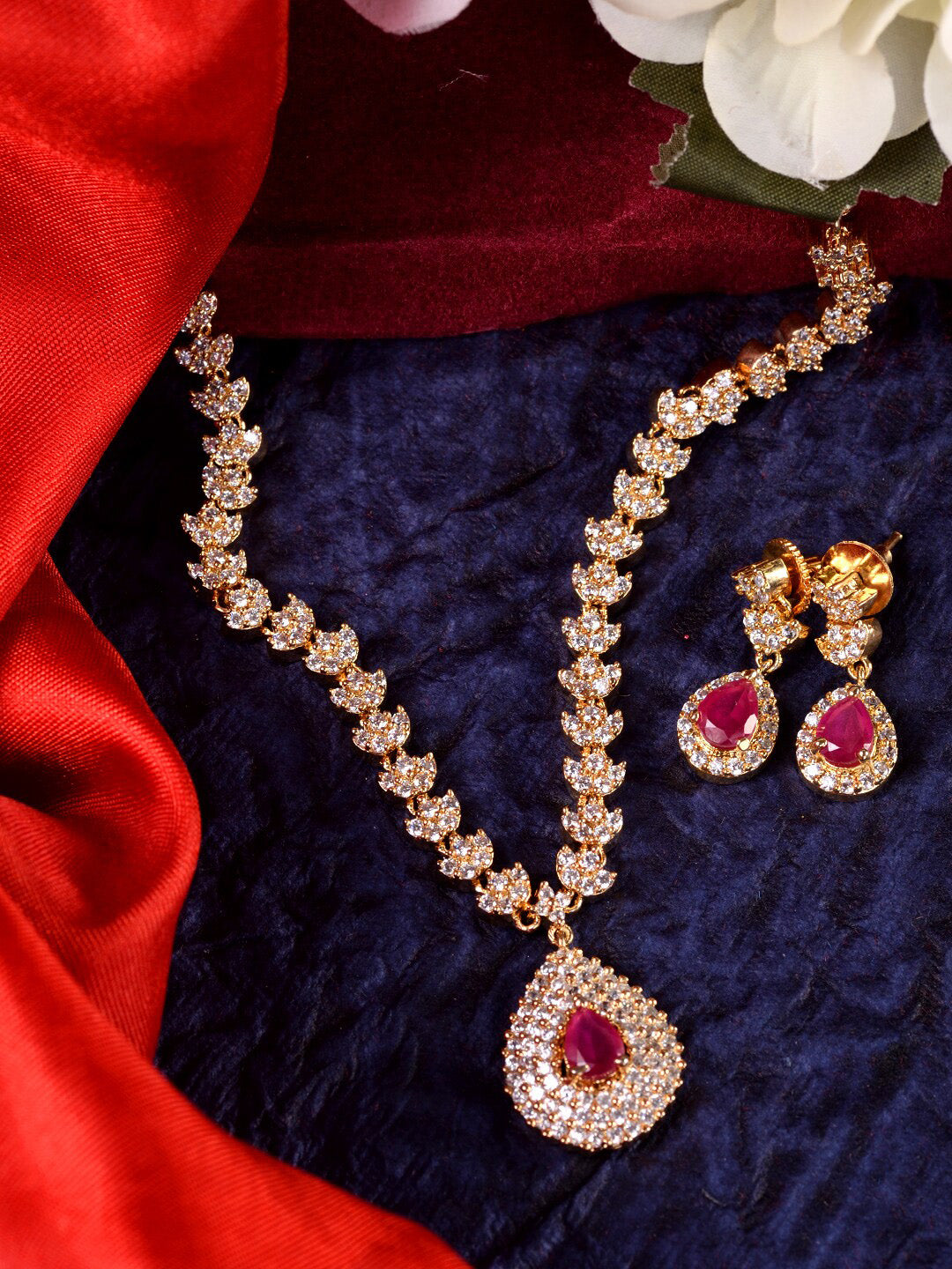 Saraf RS Jewellery Gold-Plated White & Red American Diamond Studded & Beaded Handcrafted Jewellery Set - Distacart