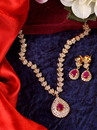 Thumbnail for Saraf RS Jewellery Gold-Plated White & Red American Diamond Studded & Beaded Handcrafted Jewellery Set - Distacart