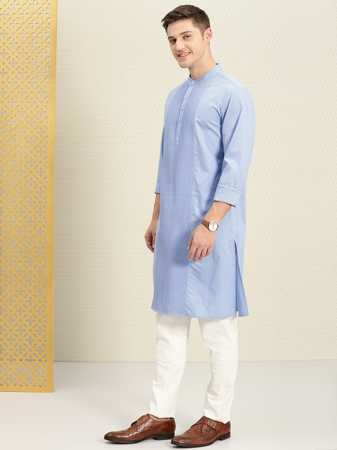 House of Pataudi Men Blue Solid Straight Kurta - Distacart