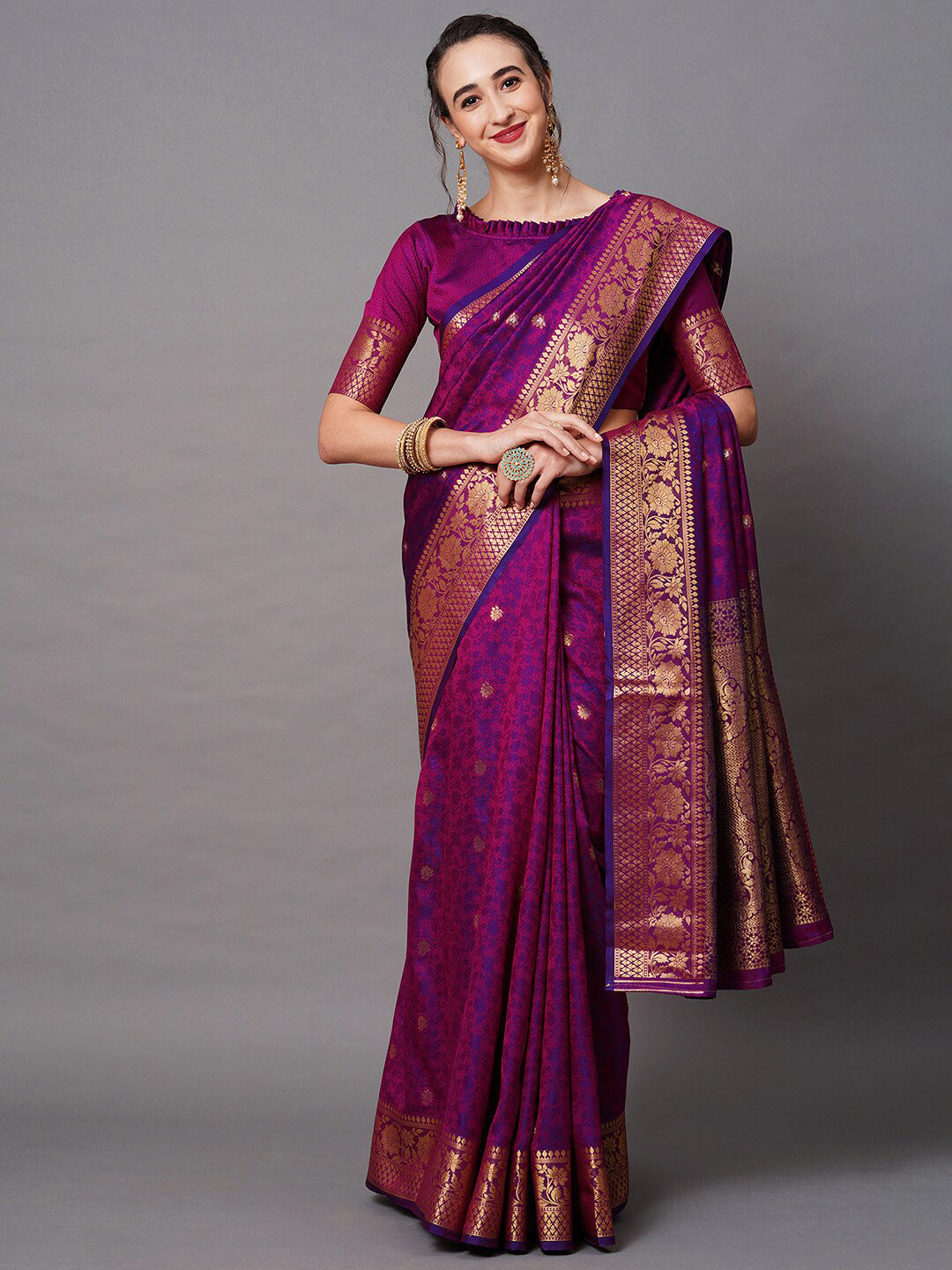 Mitera Magenta & Purple Woven Design Silk Blend Banarasi Saree - Distacart