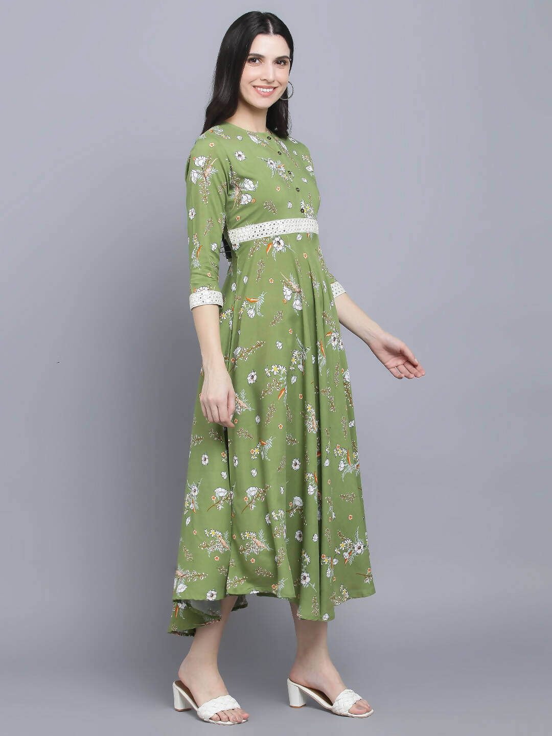 Myshka Women Green Floral Midi Dress - Distacart