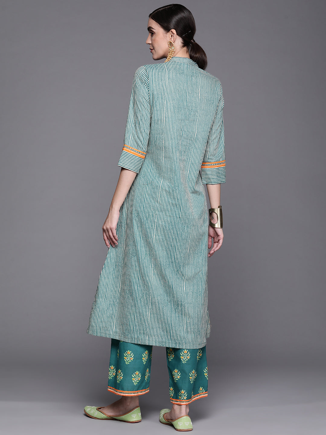 Biba Women Teal Green & Off-White Printed Pure Cotton Kurta with Palazzos - Distacart