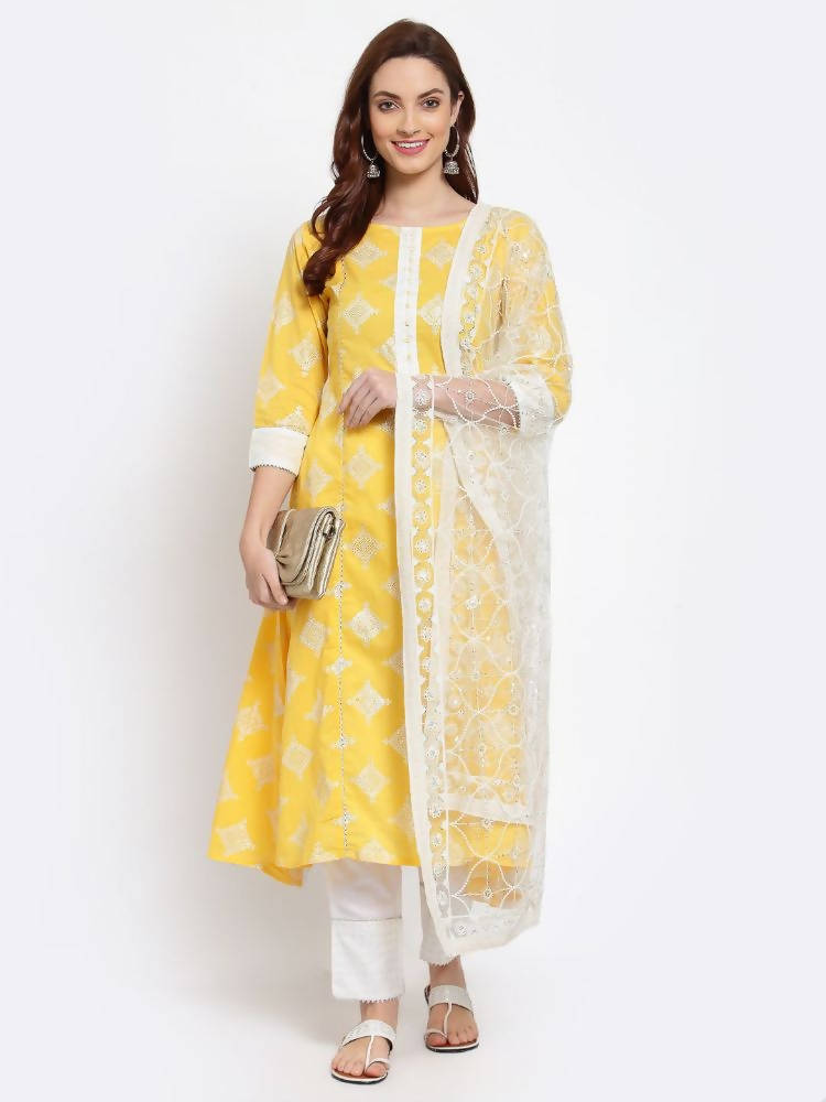 Myshka Women's Yellow Printed Cotton 3/4 Sleeve Round Neck Casual Kurta Pant Dupatta Set