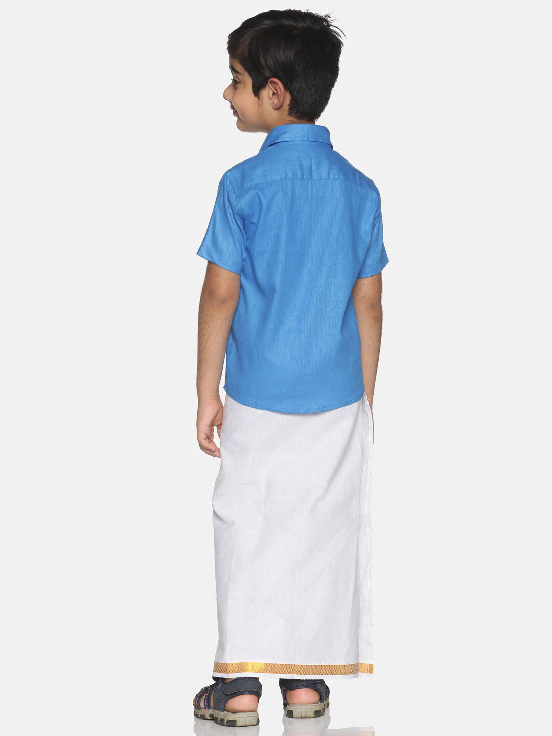 Sethukrishna Blue & White Solid Shirt with Veshti Set For Boys - Distacart