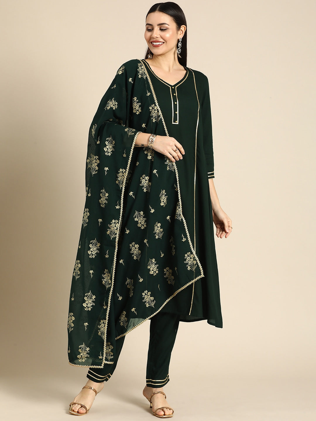 All About You Women Green & Gold-Toned Gotta Patti Kurta with Trousers & With Dupatta - Distacart