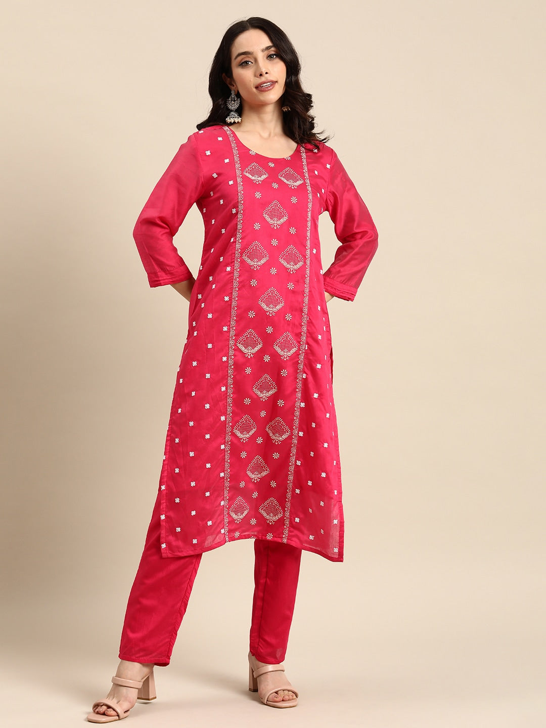 All About You Ethnic Motifs Embroidered Chanderi Silk Kurta with Trousers - Distacart