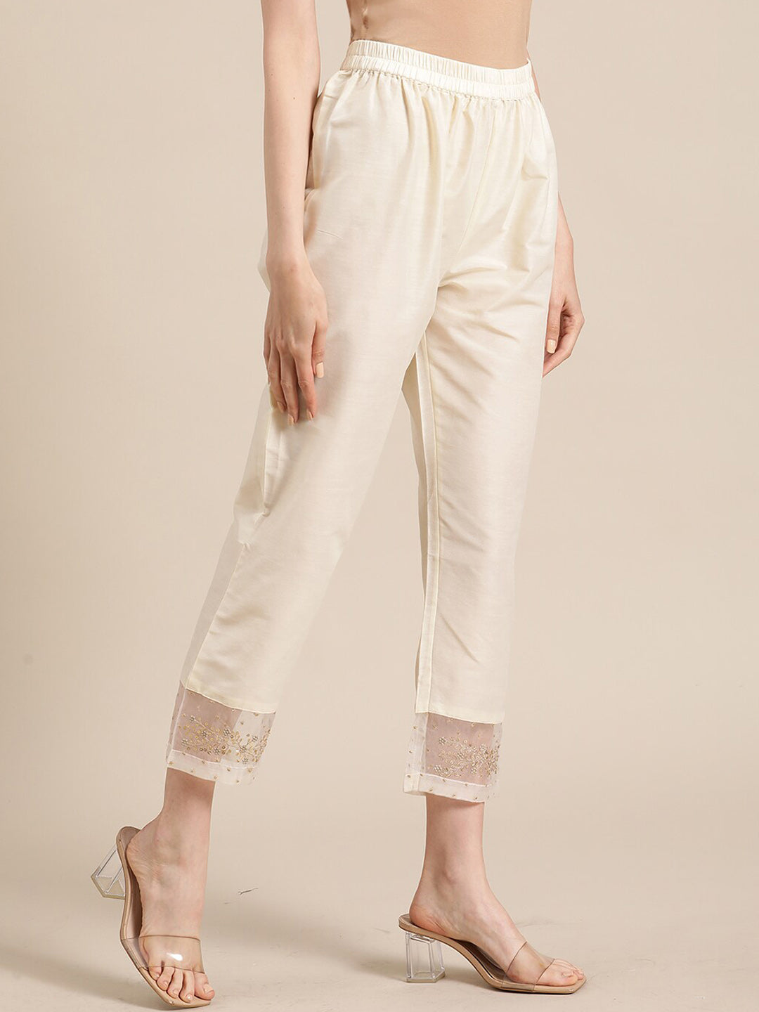 Varanga Varanga Off White Silk & Organza Zari Embellished Trousers - Distacart