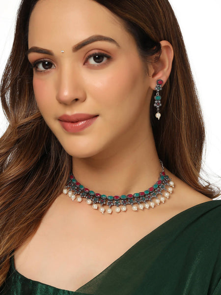 NVR Women Silver-Plated Stone Studded Oxidised Silver Jewellery Set - Distacart