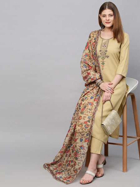 Kalini Women Beige Floral Yoke Design Straight Kurta with Trousers & With Dupatta - Distacart