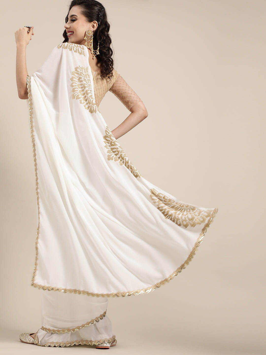 Saree Mall Off White & Golden Ethnic Motifs Saree - Distacart