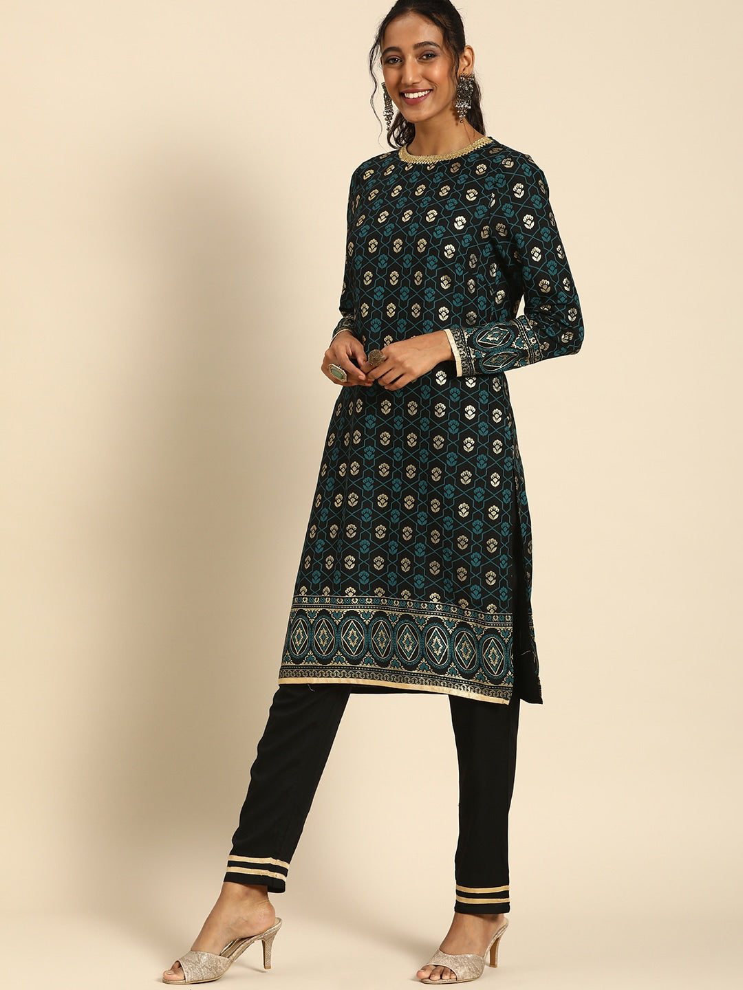 All About You Women Black & Gold-Toned Floral Printed Regular Kurta with Trousers - Distacart