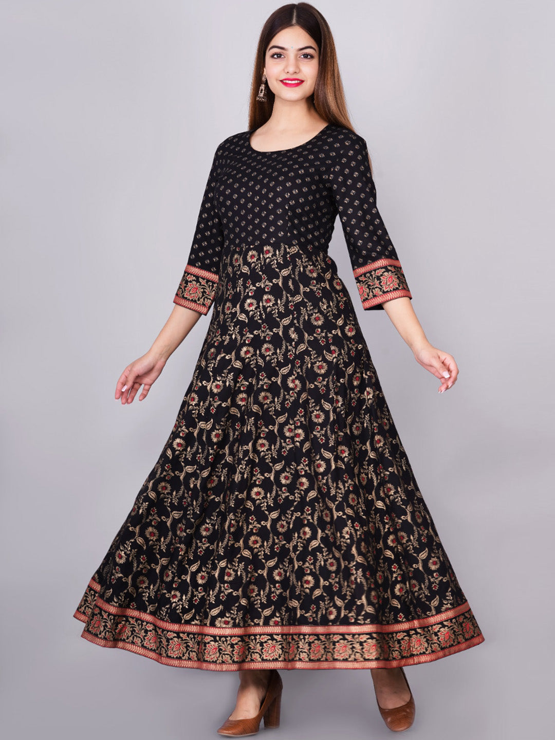 Kalini Women Black & Red Ethnic Motifs Printed Round Neck Cotton Anarkali Kurta - Distacart