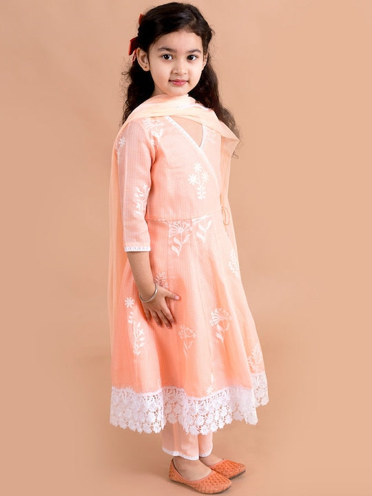 Girls Peach-Coloured Floral Printed Angrakha Pure Cotton Kurta With Trousers With Dupatta - Mini Marvels - Distacart