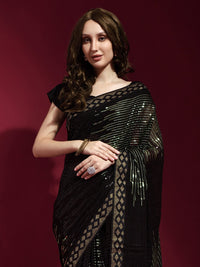 Thumbnail for Anouk Black & Gold-Toned Embellished Sequinned Pure Georgette Saree - Distacart