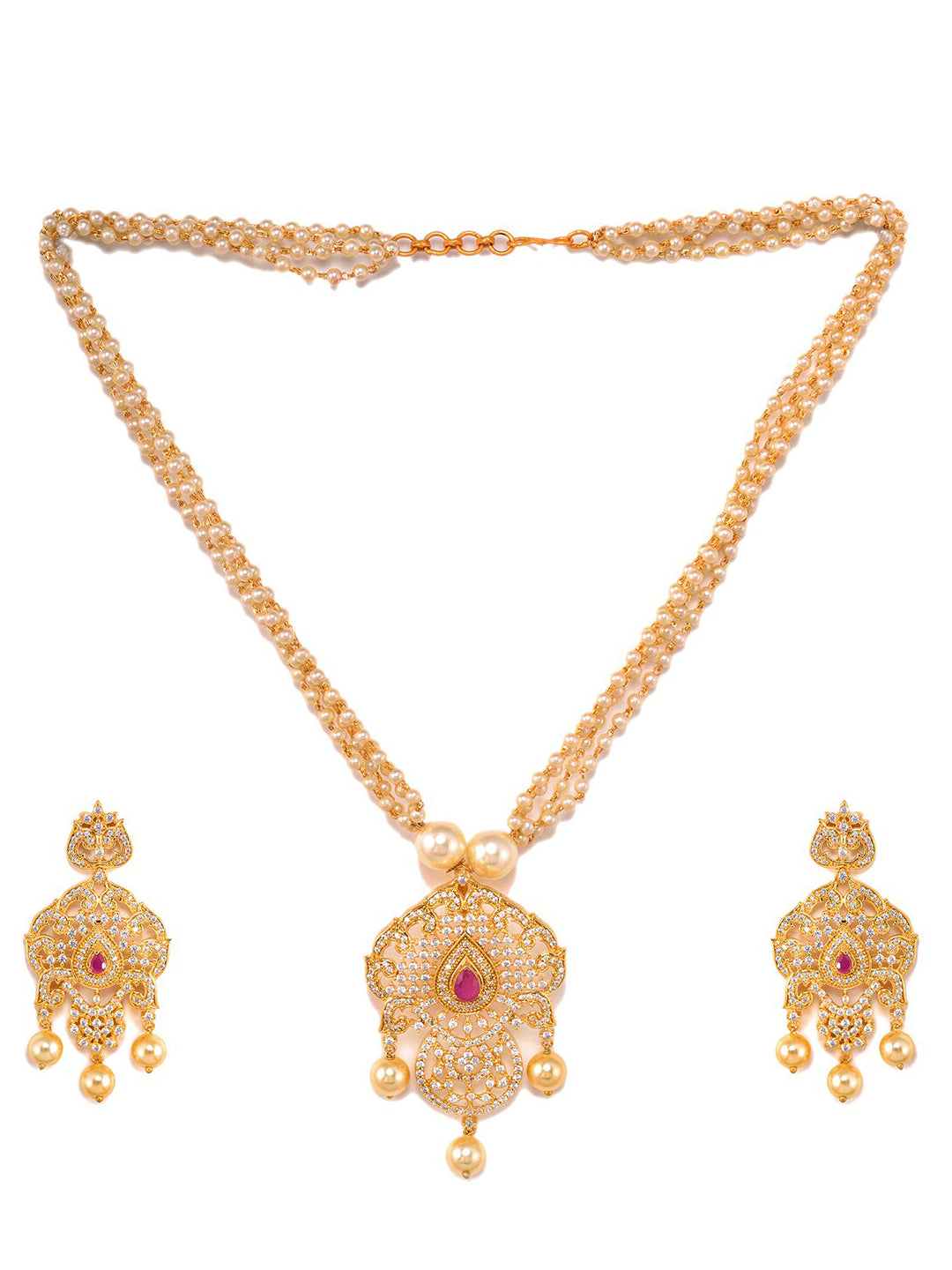 Saraf RS Jewellery Gold-Plated White & Magenta American Diamond Studded Jewellery Set - Distacart