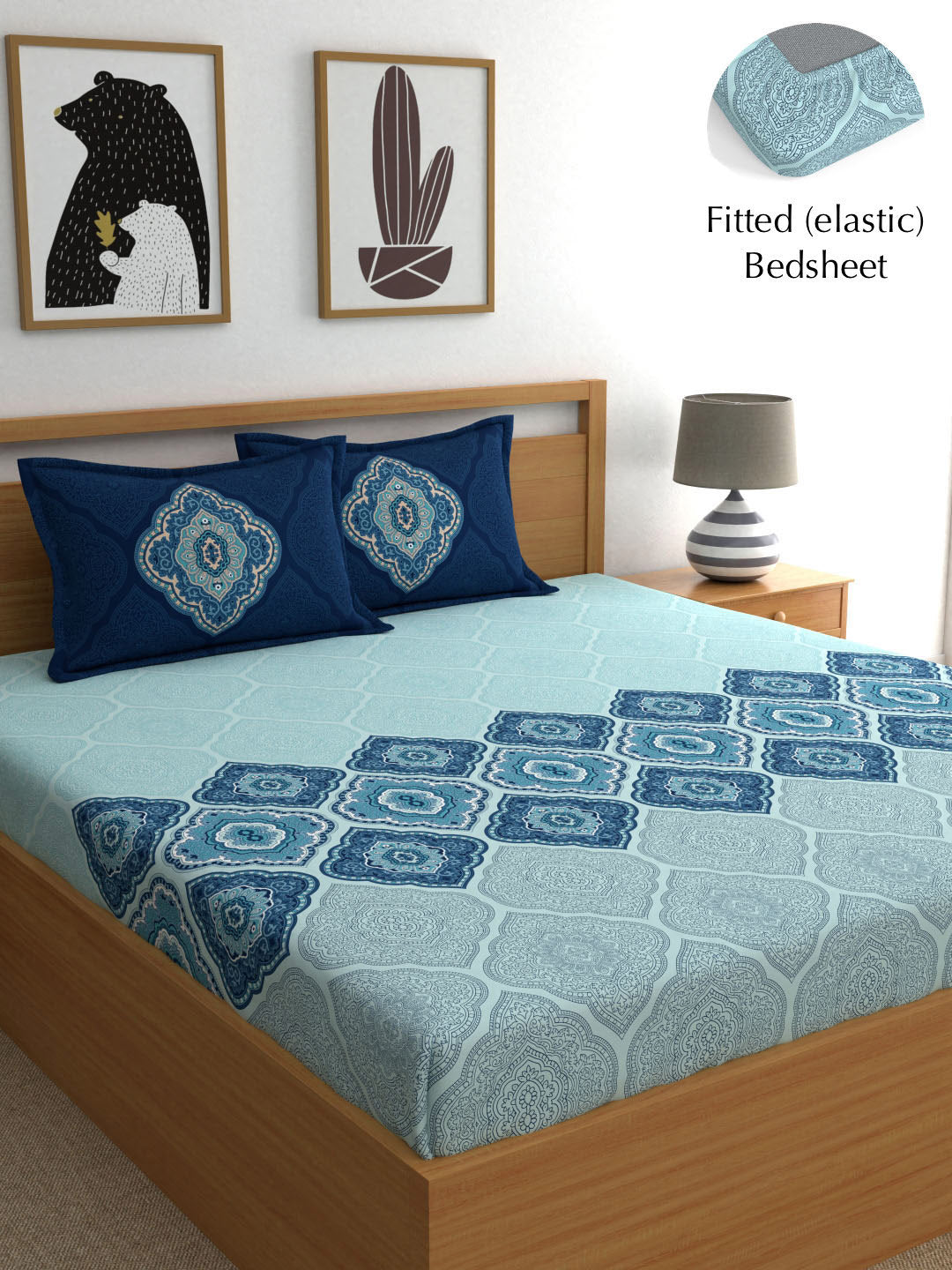 Dreamscape Blue Ethnic Motifs 140 TC Fitted Cotton King Bedsheet & Pillow Covers - Distacart