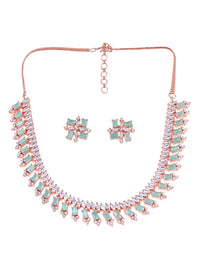 Thumbnail for Saraf RS Jewellery Sea Green & Rose Gold-Plated American Diamond Studded Jewellery Set - Distacart