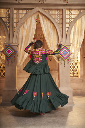 Real Mirror Work Viscose Rayon Dark Green Lehenga Choli With Koti