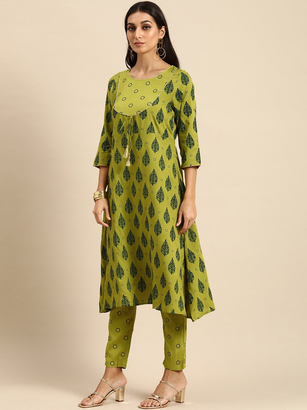 All About You Women Olive Green Ethnic Motifs Printed Empire Kurta with Trousers - Distacart