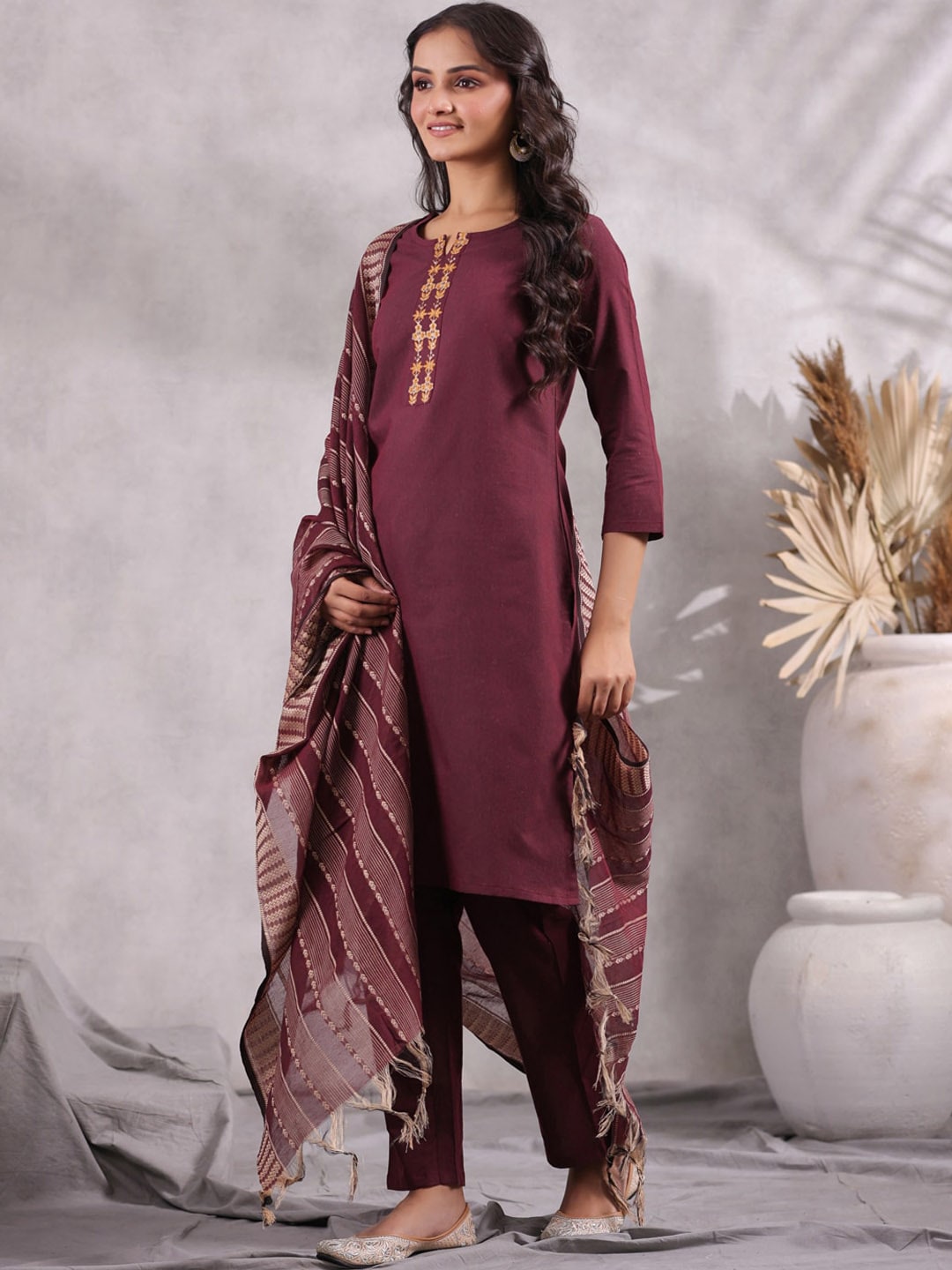 Buy Coral Yoke Design Cotton Straight Kurta With Trousers