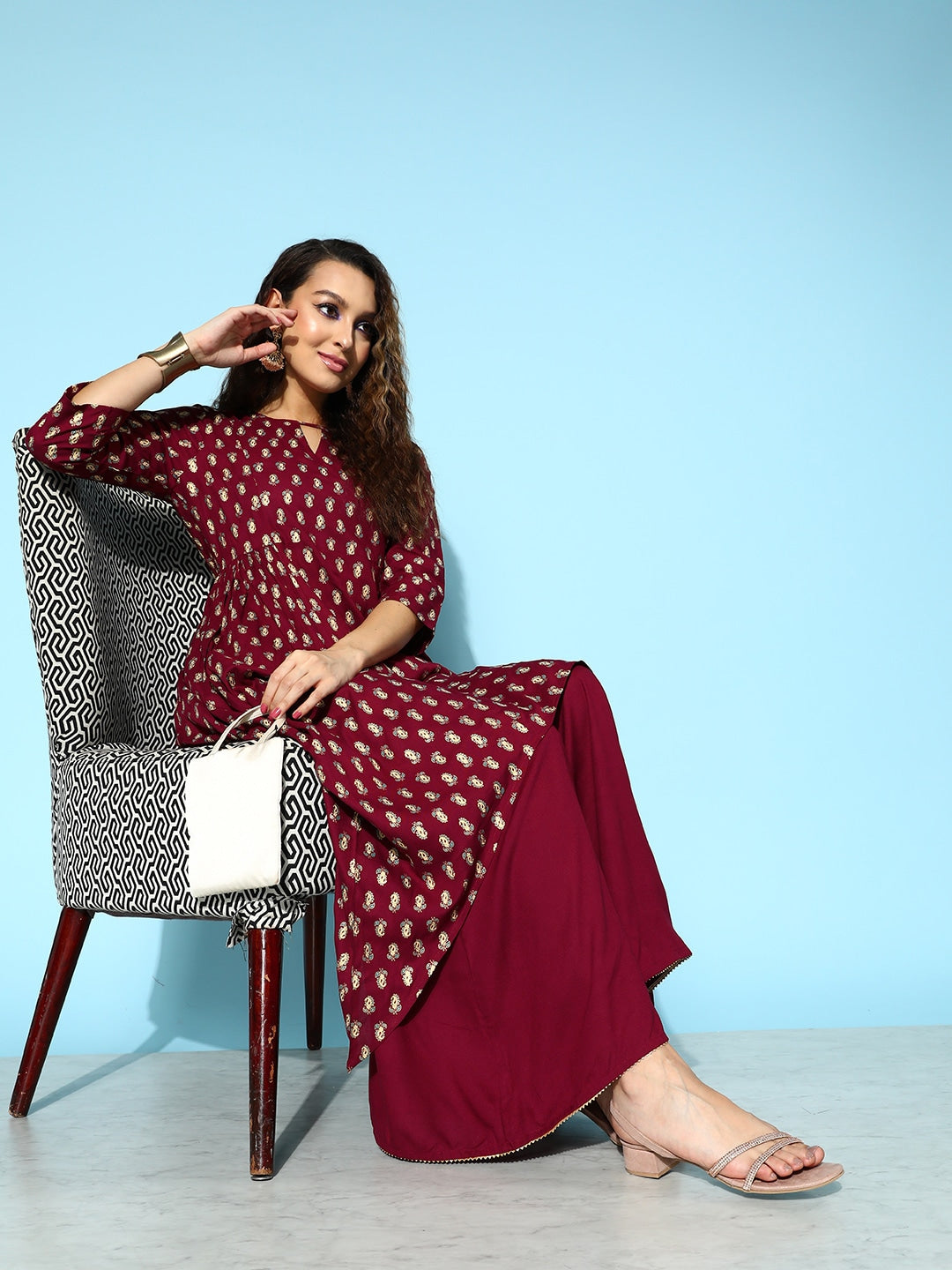 All About You Carmine Maroon Printed A-Line Veere Di Wedding Kurta with Palazzos - Distacart