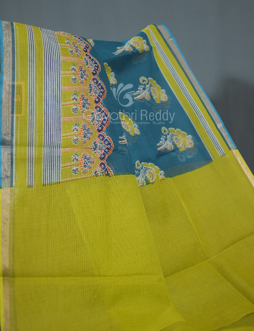 Shades of Peacock Blue With Block Design Pure Kota Cotton Saree By Gayathri Reddy Designer Studio - Distacart