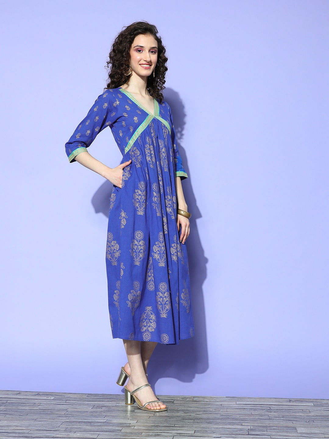 Ahalyaa Blue Floral Print Midi Empire Ethnic Dress