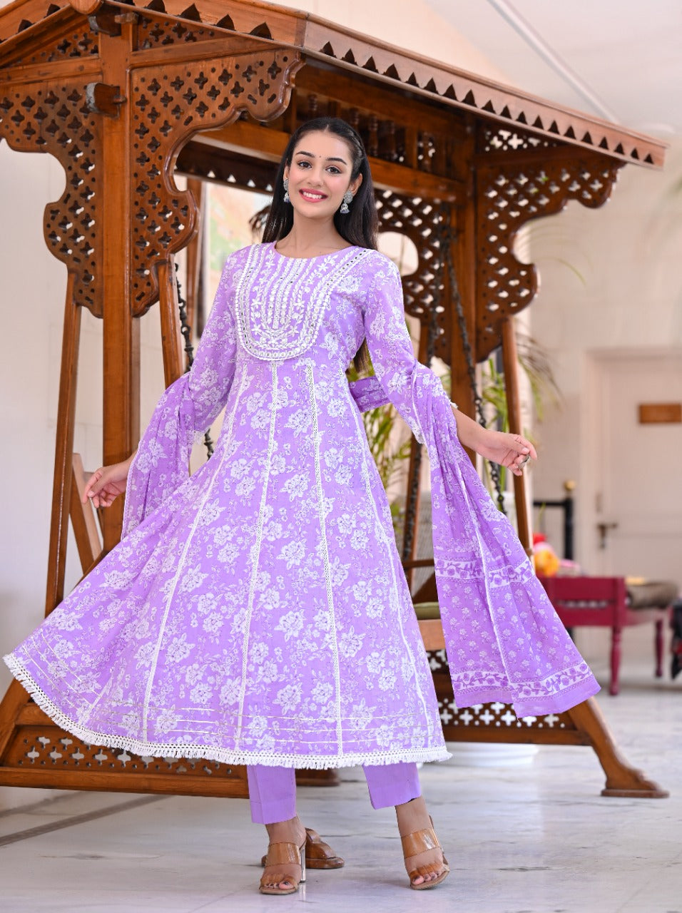 Divena Pink Kota Doria Floral Printed Kurta Pant Dupatta Sets – divena world