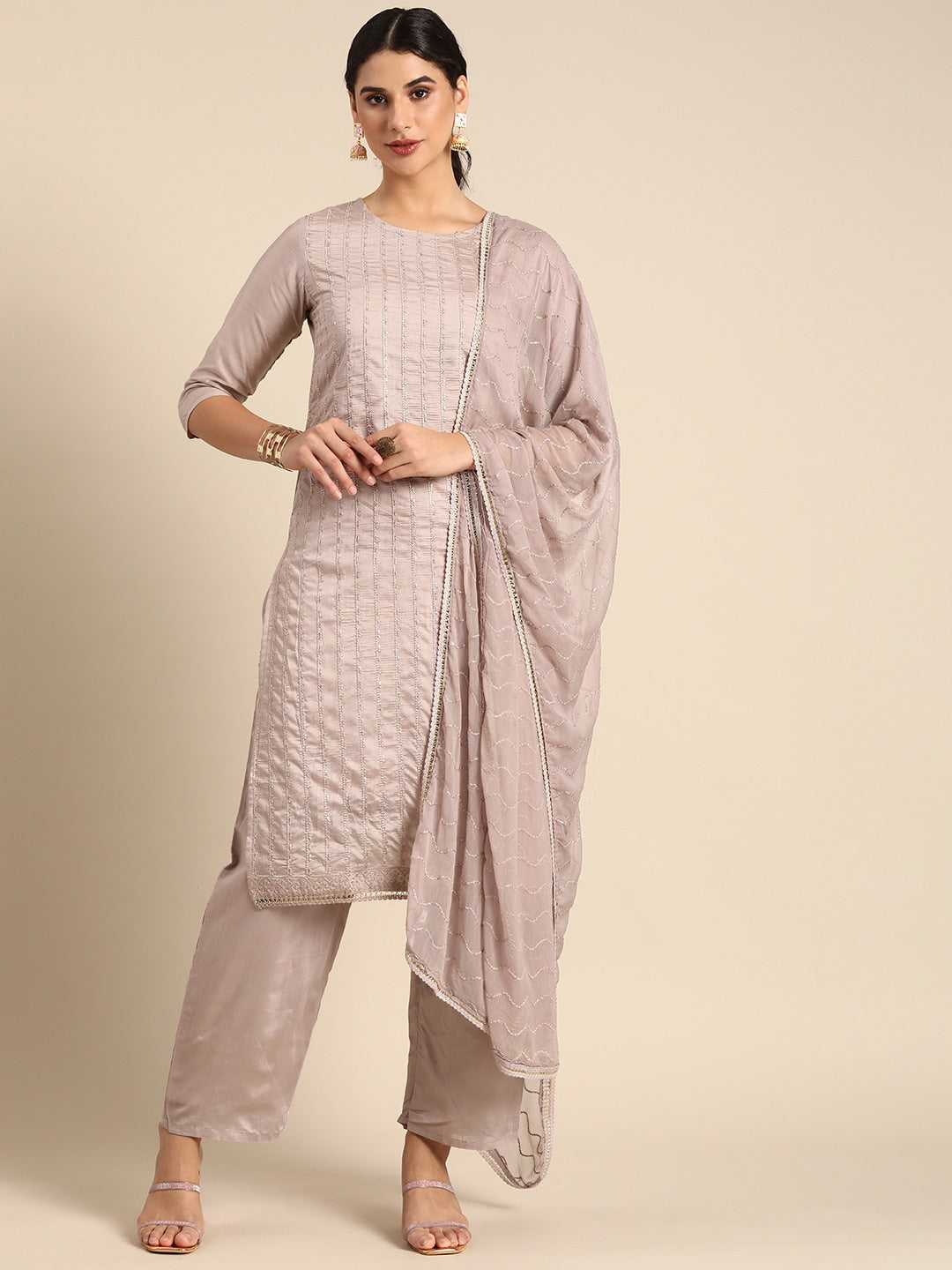 All About You Women Mauve Ethnic Motifs Embroidered Regular Sequinned Chanderi Silk Kurta with Palazzos & - Distacart